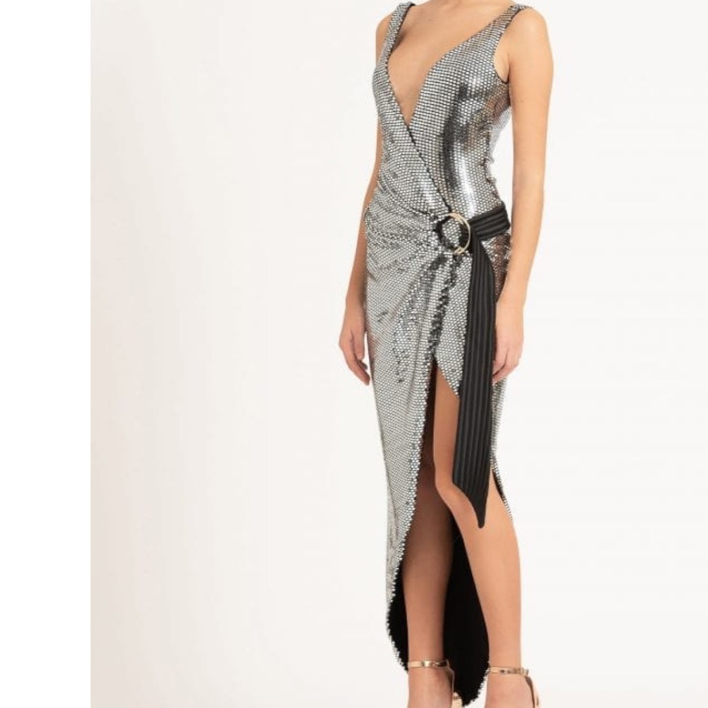 Zhivago Metallic Silver High-Low Sequin Dress with Black Waist Sash